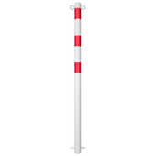 Witte beschermpaal Ø76 mm met rode banden, twee kettingogen bovenaan, voor betonverankering.
