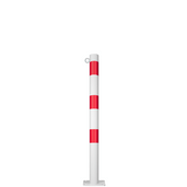 Witte beschermpaal Ø76 mm met rode reflecterende strepen, op voetplaat, met 1 kettingoog.