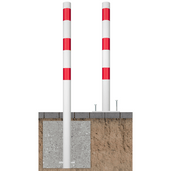 Witte en rood gestreepte beschermpalen Ø76 mm, één voor betonverankering en één op voetplaat.