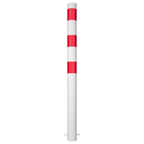 Witte beschermpaal Ø89 mm met rode reflecterende banden, ontworpen voor betonverankering.