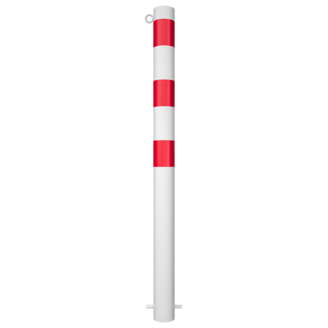 Witte en rode beschermpaal Ø89 mm met kettingoog voor betonverankering.