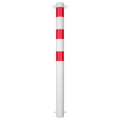 Witte en rood gestreepte beschermpaal Ø89 mm met twee kettingogen voor betonverankering.