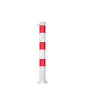 Witte en rode beschermpaal Ø89 mm met voetplaat en 1 kettingoog.