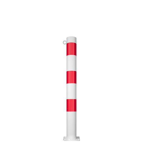 Witte en rode beschermpaal Ø89 mm met voetplaat en 1 kettingoog.