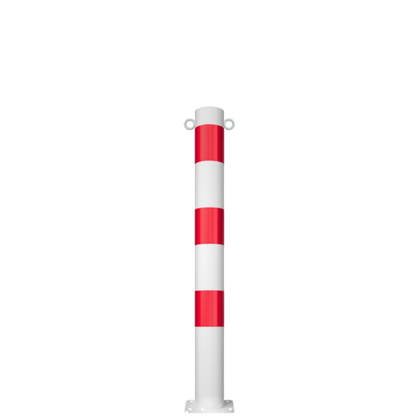 Witte en rode beschermpaal Ø89 mm met voetplaat en twee kettingogen.