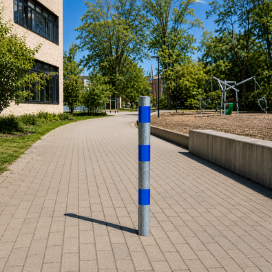 Verzinkt-blauwe beschermpaal Ø60 mm met blauwe reflecterende strepen, staand op een bestraat pad.