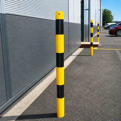 Geel-zwarte beschermpaal Ø60 mm voor betonverankering, staand op asfalt naast een gebouw.