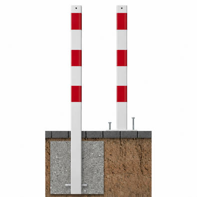 Witte en rode beschermpaal, 70x70 mm, voor betonverankering of op voetplaat, met gronddoorsnede.