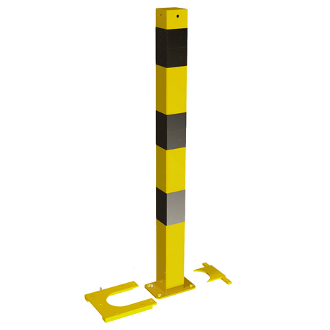 Gele en zwarte vierkante beschermpaal (70x70 mm) met verwijderbare voetplaat.