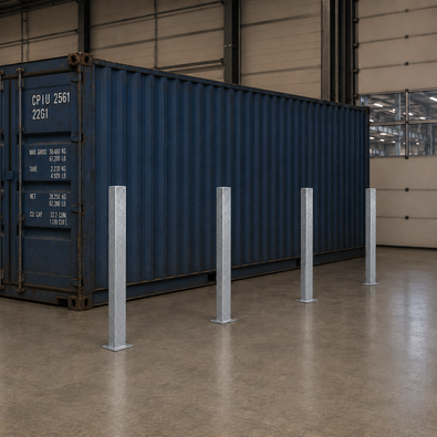 Vier verzinkt stalen beschermpalen, 70x70 mm op voetplaat naast een container geplaatst