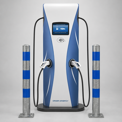 Blauw-witte EV-laadpaal met twee aansluitingen, geflankeerd door twee verzinkt-blauwe beschermpalen.