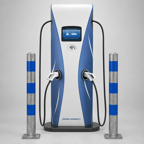 Blauw-witte EV-laadpaal met twee aansluitingen, geflankeerd door twee verzinkt-blauwe beschermpalen.
