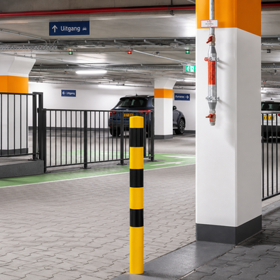Gele en zwart gestreepte beschermpaal Ø89 mm in een parkeergarage, voor betonverankering.