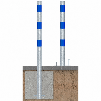 Verzinkt-blauwe beschermpaal Ø60 mm, getoond met betonverankering en op voetplaat.