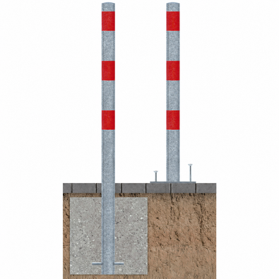 Verzinkt-rode beschermpaal Ø60 mm, getoond met betonverankering en op voetplaat.