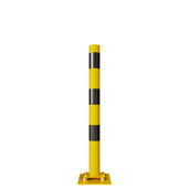 Gele en zwarte flexibele beschermpaal Ø76-152 mm met vierkante voetplaat.
