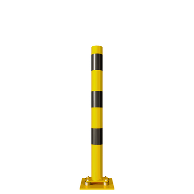 Gele en zwarte flexibele beschermpaal Ø76-152 mm met vierkante voetplaat.