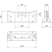 Technische tekening van een betonnen barrier met afmetingen.