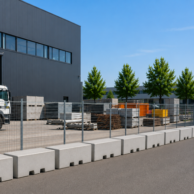 Lichtgrijs betonnen afzetblok van 820 kg met lepelgaten, geplaatst langs de weg als afzetting