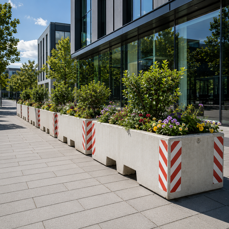 Betonnen afzetblok/bloembak met lepelgaten in een moderne stedelijke omgeving