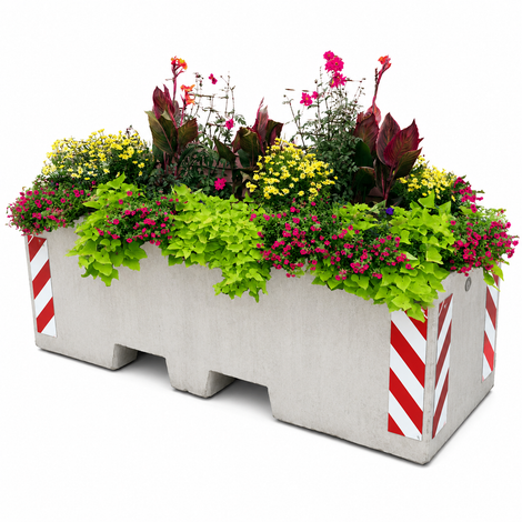 Grijze betonnen plantenbak met lepelgaten, gevuld met diverse bloeiende planten en reflecterende strepen.