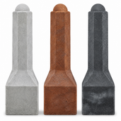 Drie achthoekige betonnen sierpalen in grijs, roestbruin en antraciet met een decoratieve top.