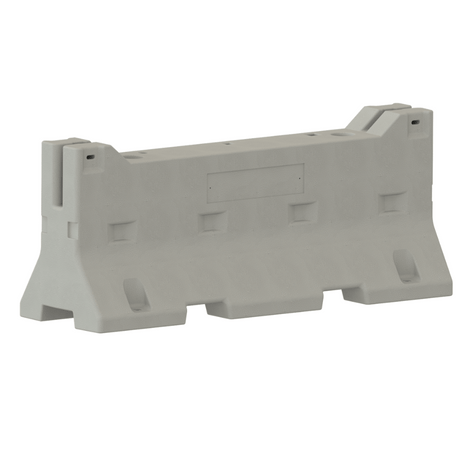 Grijze betonnen barrier met gaten voor een wit-rode beschermbeugel.