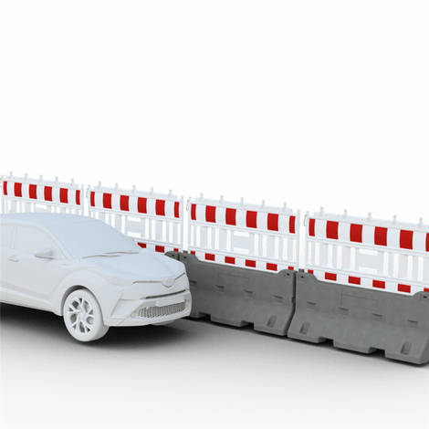 Grijze betonnen barriers met witte en rode kunststof afzethekken langs een witte auto.