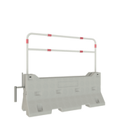 Betonnen barrier met wit-rode beschermbeugel voor verkeersveiligheid.