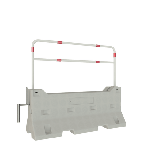 Betonnen barrier met wit-rode beschermbeugel voor verkeersveiligheid.