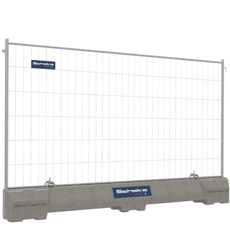 Grijze betonnen dwarsligger met gegalvaniseerd bouwhek en Schake logo's.