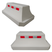 Grijze betonnen wieldwinger met reflecterende rood-witte strepen, getoond vanuit twee perspectieven.