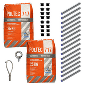 Twee oranje 25 kg zakken Poltec 717 hechtmortel, zwarte pluggen, zilveren staven en een staalkabel met oogbout.