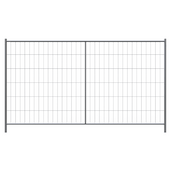 Gray steel construction fence panel with grid design, without hooks or eyes.