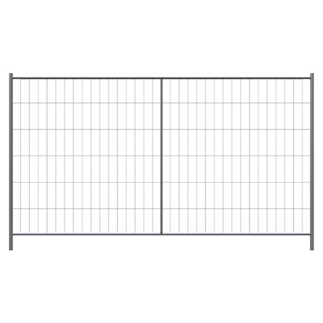 Gray steel construction fence panel with grid design, without hooks or eyes.