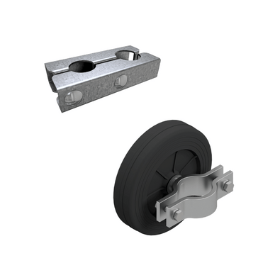 Gegalvaniseerde bouwhekklem en zwart rubber bouwhekwiel met scharnierbevestiging.