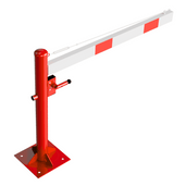 Rode draaiboom met witte slagboom, rood-wit gestreept, op voetplaat met slotopties.
