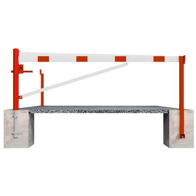 Rood-wit gestreepte draaiboom (300-600 cm) met 2 vangpalen, voor betonverankering.
