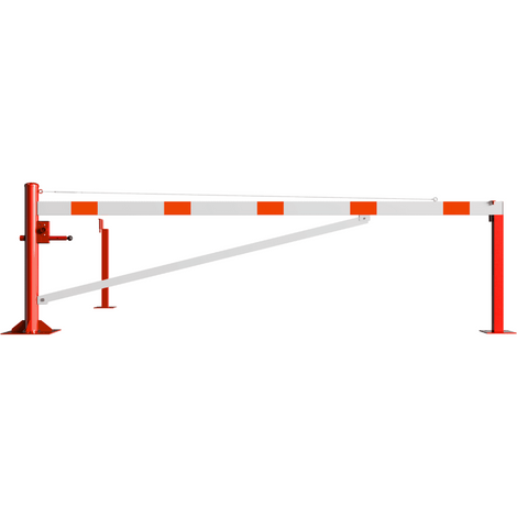 Rood-witte slagboom 3500 mm met voetplaat en twee vangpalen.