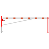 Rood-witte draaiboom, 4500 mm, met betonverankering en 2 vangpalen.