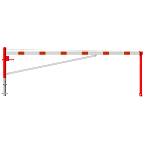 Rood-witte draaiboom, 4500 mm, met betonverankering en 2 vangpalen.