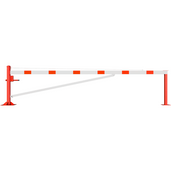 Rood-wit gestreepte draaiboom, 4500 mm, met voetplaat en 2 vangpalen.