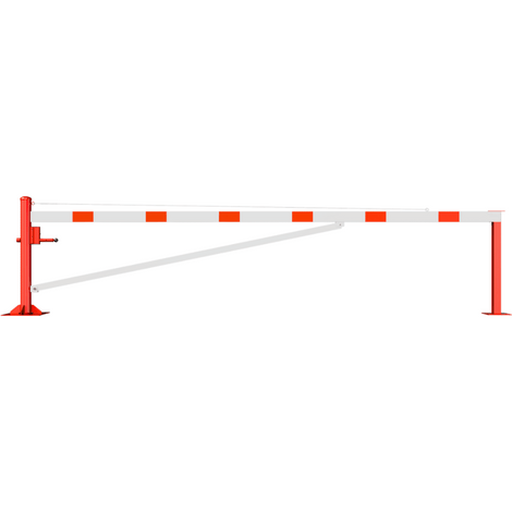 Rood-wit gestreepte draaiboom, 4500 mm, met voetplaat en 2 vangpalen.