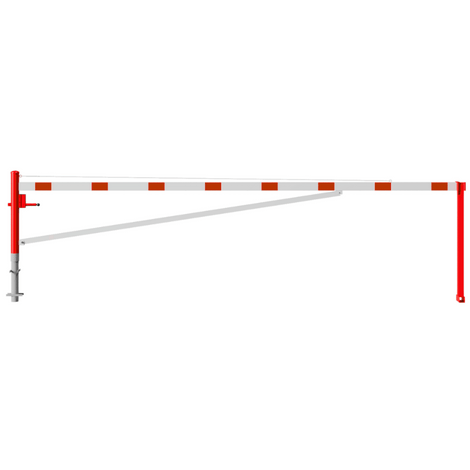 Rood-wit gestreepte draaiboom, 5500 mm, met driekantslot en betonverankering.