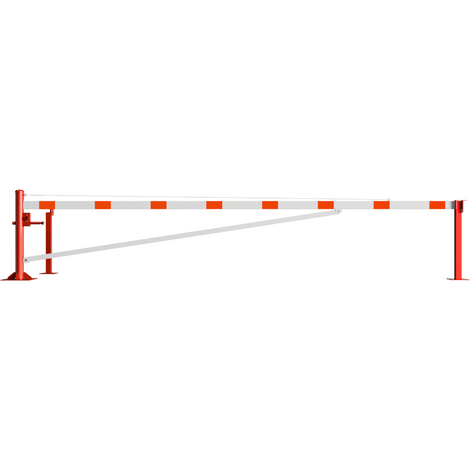 Rood-wit gestreepte draaiboom, 5500 mm, op voetplaat met twee vangpalen.