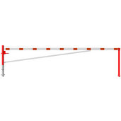 Rood-wit gestreepte draaiboom, 600 cm, met vangpalen voor betonverankering.