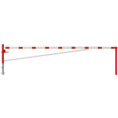 Rood-wit gestreepte draaiboom, 600 cm, met vangpalen voor betonverankering.