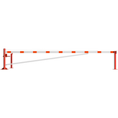 Rood-witte draaiboom, 600 cm, op voetplaat met 2 vangpalen en driekantslot.