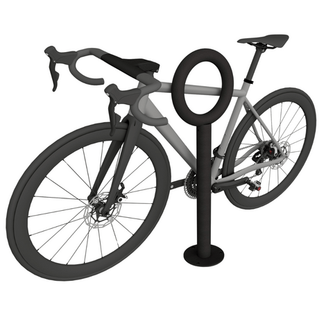 Antraciet Fietsbeugel design BD703 met buis Ø60/48 mm, een racefiets eraan geparkeerd.