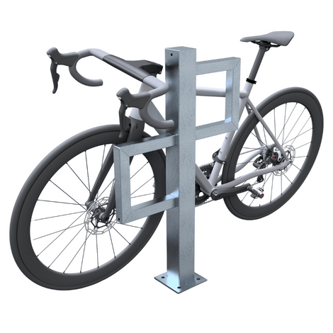 Verzinkt stalen fietsbeugel met kokerprofielen (80x80 en 40x40 mm) en een racefiets.